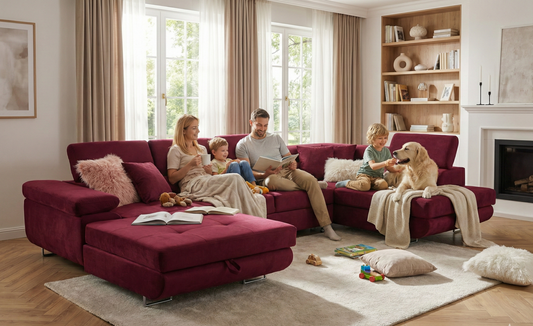 Narożnik Aller U Monolith XXL z funkcją spania, 2 schowkami i regulowanymi zagłówkami — prawy, czerwony