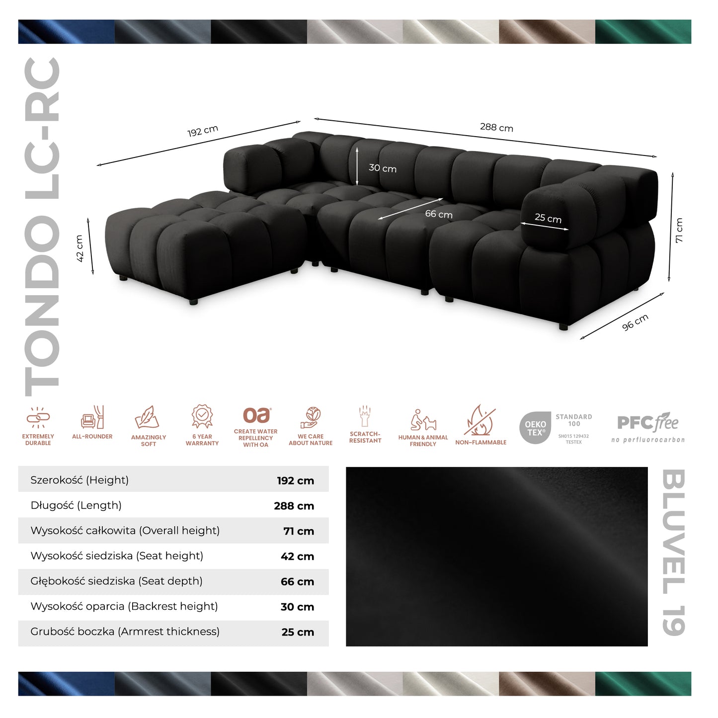 Corner Sofa TONDO LC/RC 192 x 288 cm Bluvel 19, black