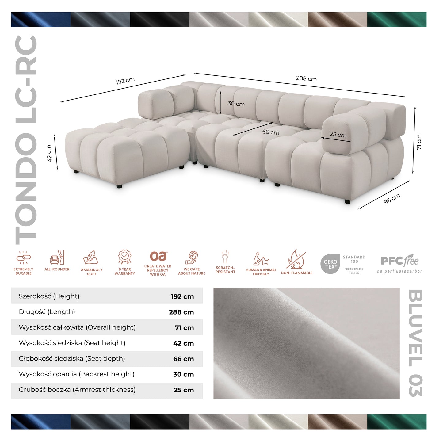 Corner sofa TONDO LC/RC 192 x 288 cm Bluvel 03 light gray